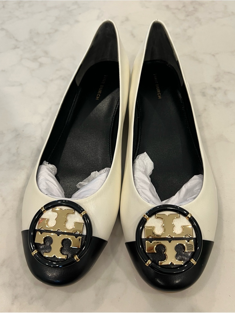 Tory Burch Cream and Black Logo Cap-Toe Ballet Flats
